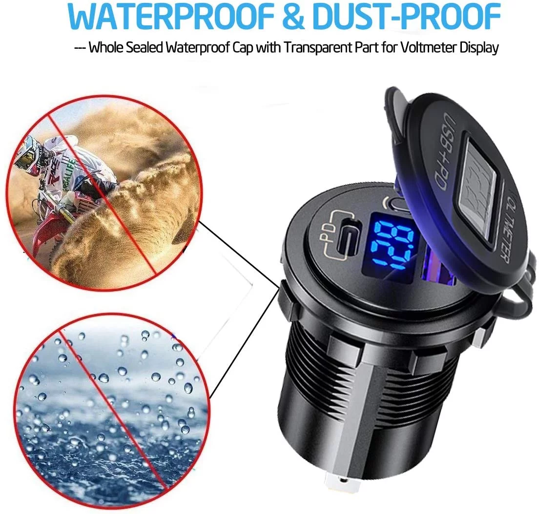 Car charger USB 3.0 + type C voltometer