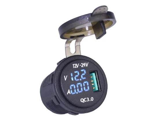 Einzelne USB-Ladebuchse, rund, Voltmeter mit blauer LED-Digitalanzeige