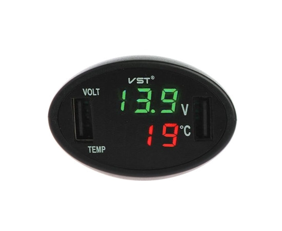 Duale USB-Ladebuchse für Stromversorgung. 2x 2,1A + Voltmeter + Thermometer; Grün Rot
