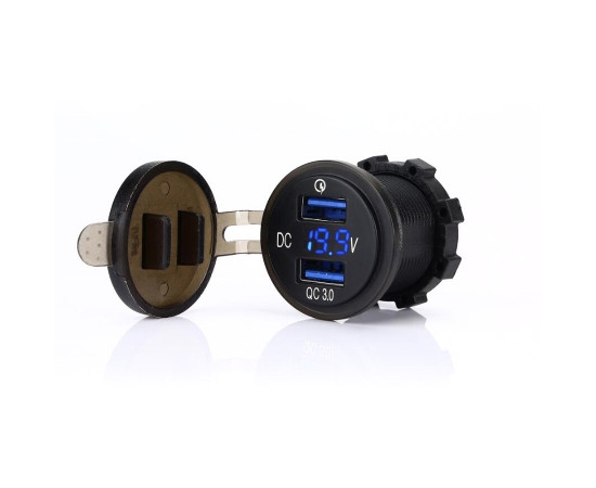 Dual USB charger socket power USB; 2x3.0A + voltmeter; blue; round