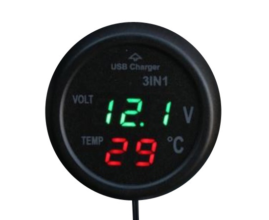 3in1 USB car charges, temp. Thermometer and voltmeter; green-red
