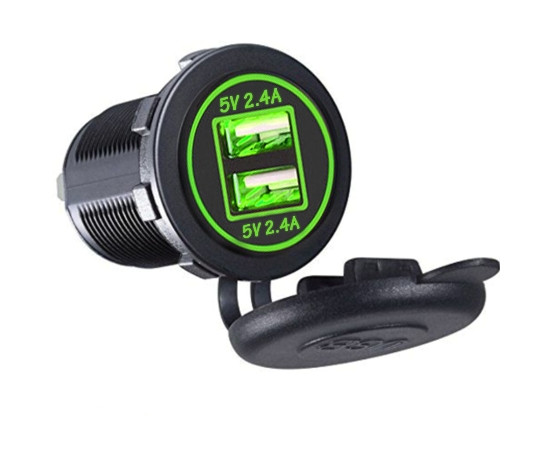 Dual USB charger socket power; 2x 2.4A, green; round