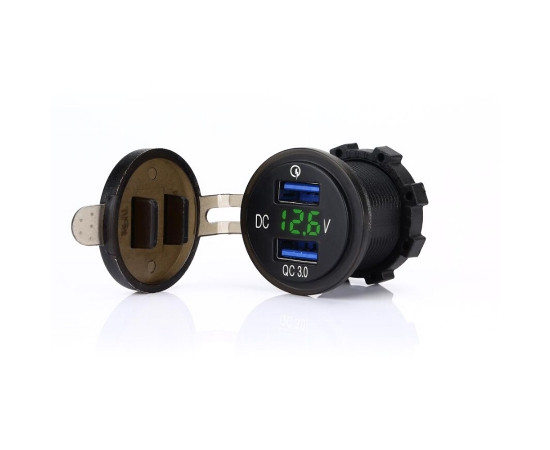 Dual-USB-Ladebuchse, Power-USB; 2x3,0A + Voltmeter; Grün; runden