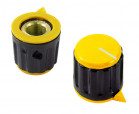 Gałka 15x15mm; średnica osi: 6mm; czarna; kolor dekielka: żółty
