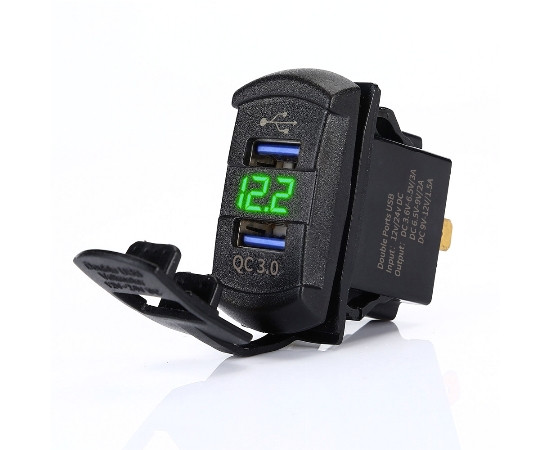 Dual USB charger socket power USB; 2x3.0A + voltmeter; green; square