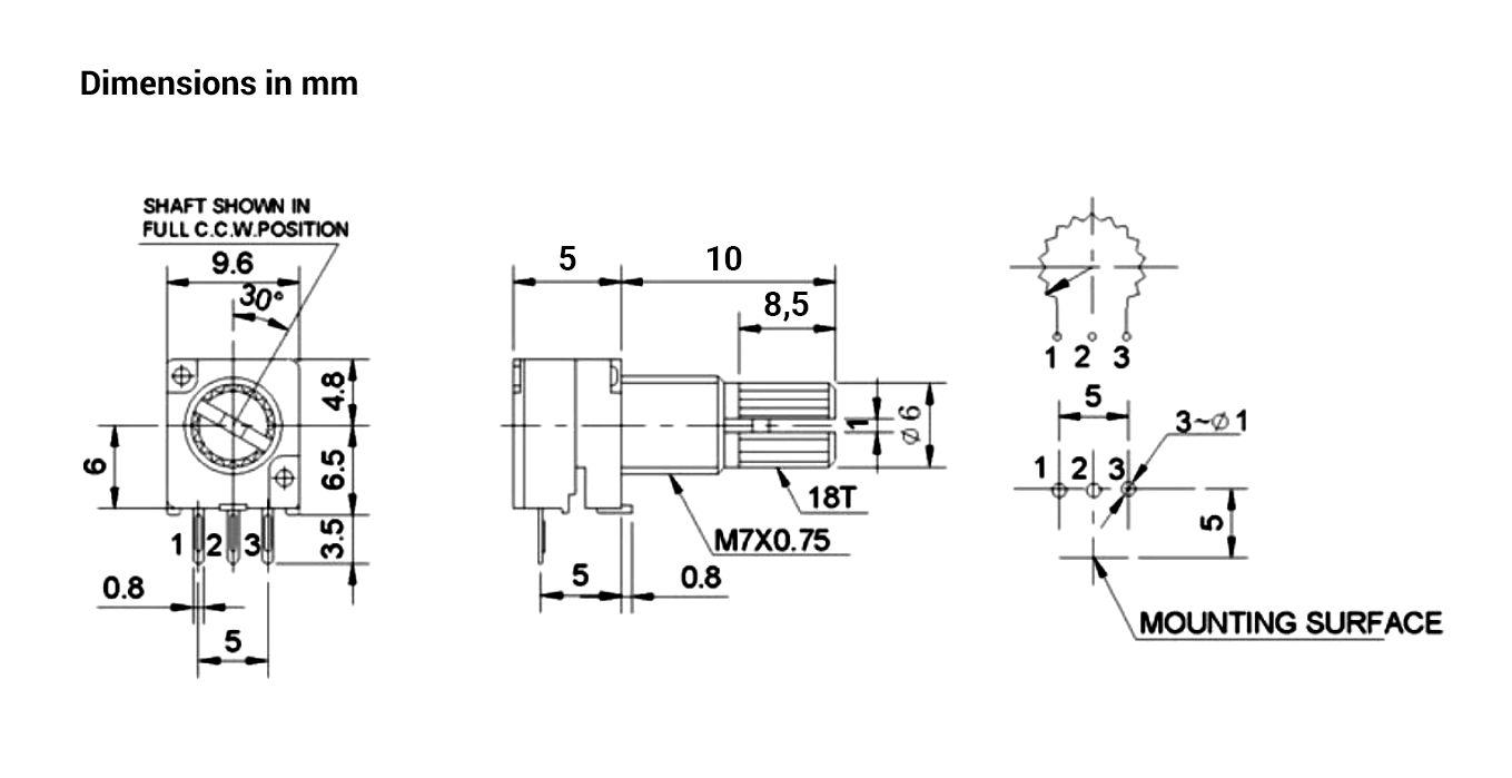Single turn shaft potentiometer; 20K; L=15mm