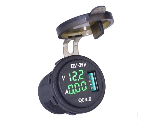 Single USB charger socket power, round, green LED digital display voltmeter