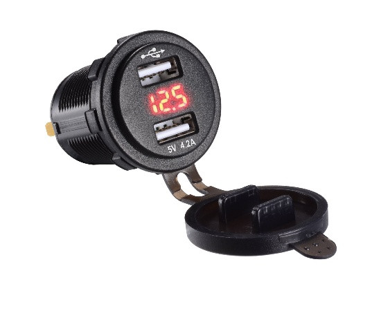 Dual USB charger socket power, round, red LED digital display voltmeter