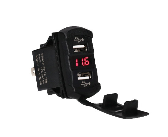 Dual USB charger socket power, square, red LED digital display voltmeter