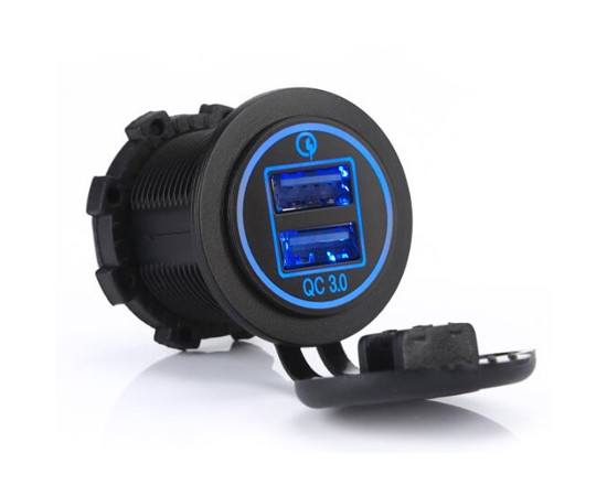 Dual USB charger socket power; 2x3.0A blue; round