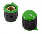 Gałka 15x15mm; średnica osi: 6mm; czarna; kolor dekielka: zielony