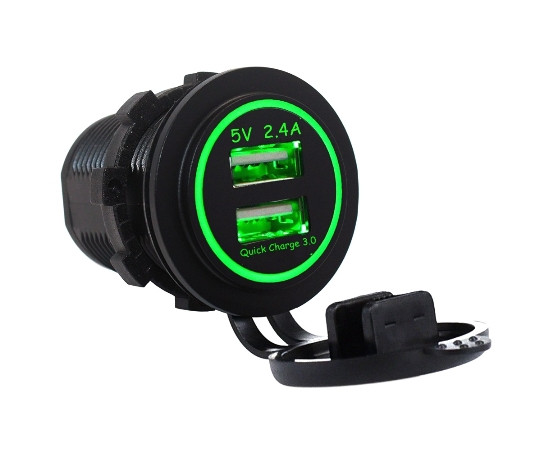 Dual USB charger socket power; 1x 3.0A; 1x 2.4A, green; round