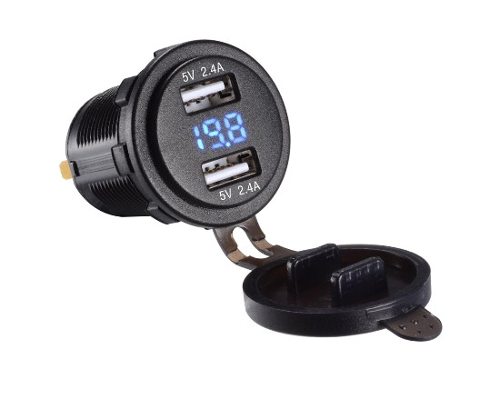 Dual USB charger socket power, round, blue LED digital display voltmeter