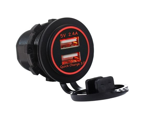 Dual USB charger socket power; 1x 3.0A; 1x 2.4A, red; round