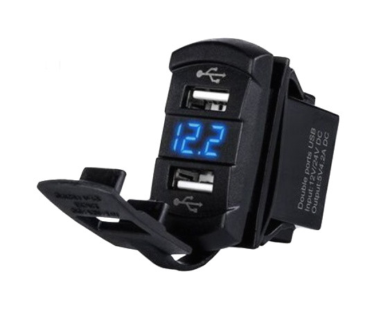 Dual USB charger socket power, square, blue LED digital display voltmeter