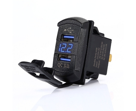 Dual USB charger socket power USB; 2x3.0A + voltmeter; blue; square