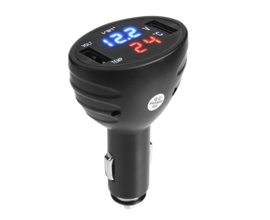 Dual USB charger socket pow. 2x 2.1A + voltmeter + thermometer; blue-red