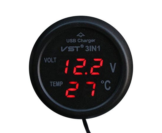 3in1 USB car charges, temp. Thermometer and voltmeter; red-red