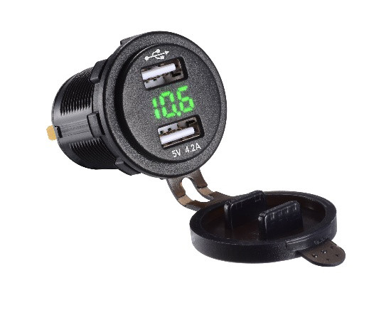 Dual USB charger socket power, round, green LED digital display voltmeter