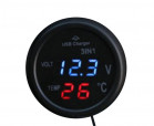 3in1 USB car charges, temp. Thermometer and voltmeter; blue-red