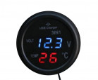 3w1 ładowarka samochodowa USB, miernik temperatury i voltomierz;