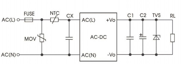 Typowy schemat aplikacyjny dla zasilaczy LD